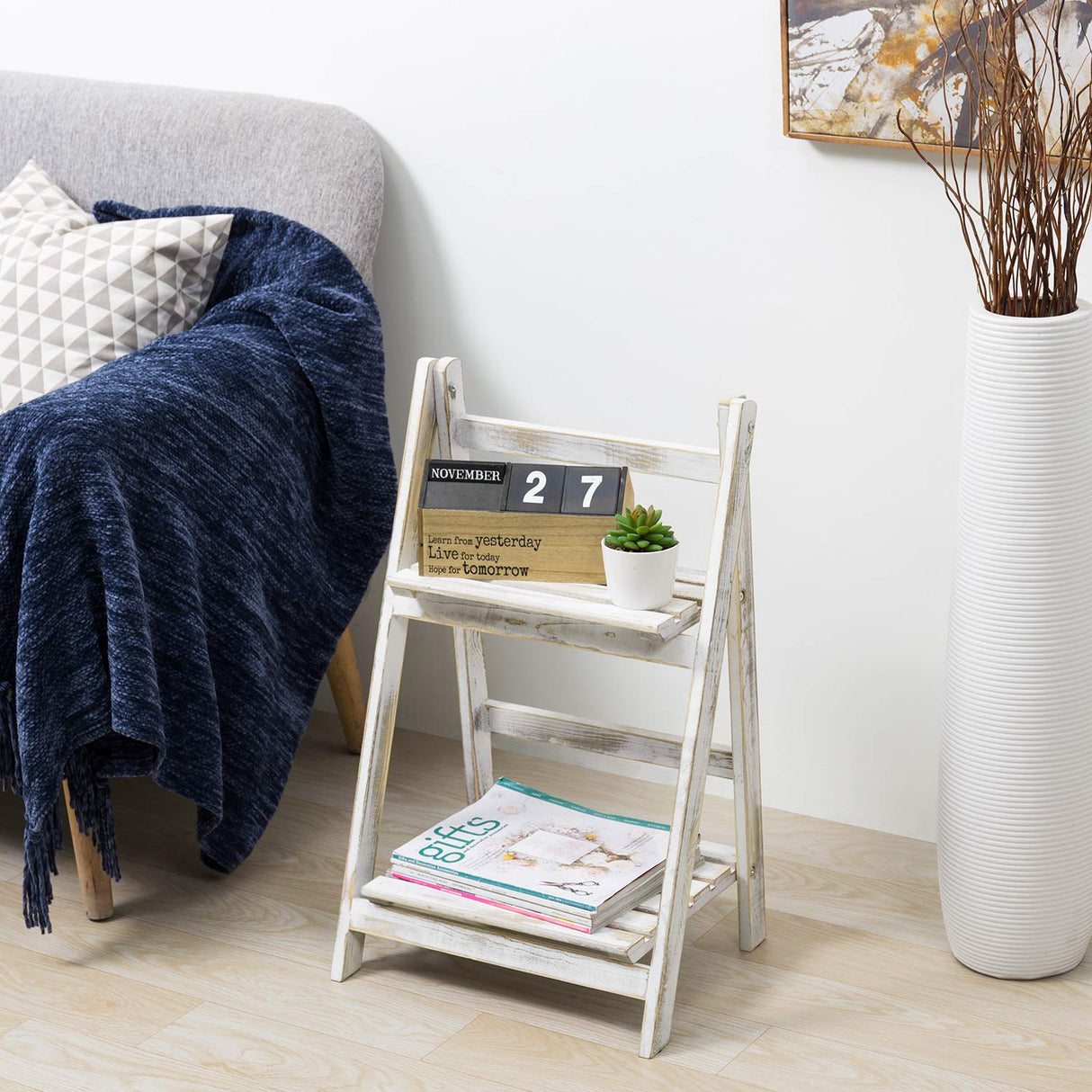 MyGift 2 Tier Rustic Whitewashed Solid Wood Freestanding Foldable Indoor Plant Stand, Decorative Wooden Display Shelf MyGift