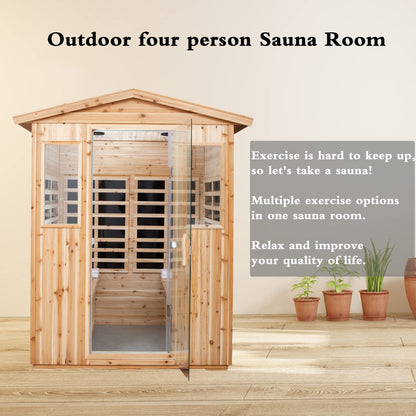 Outdoor Sauna for 4 Person,Applicable Indoors and Outdoors. Far Infrared Sauna 8 Low EMF Heaters, Wooden Sauna Room 2050 Watt, Old Chinese fir, Chromotherapy, Bluetooth Speaker, LCD, LED.