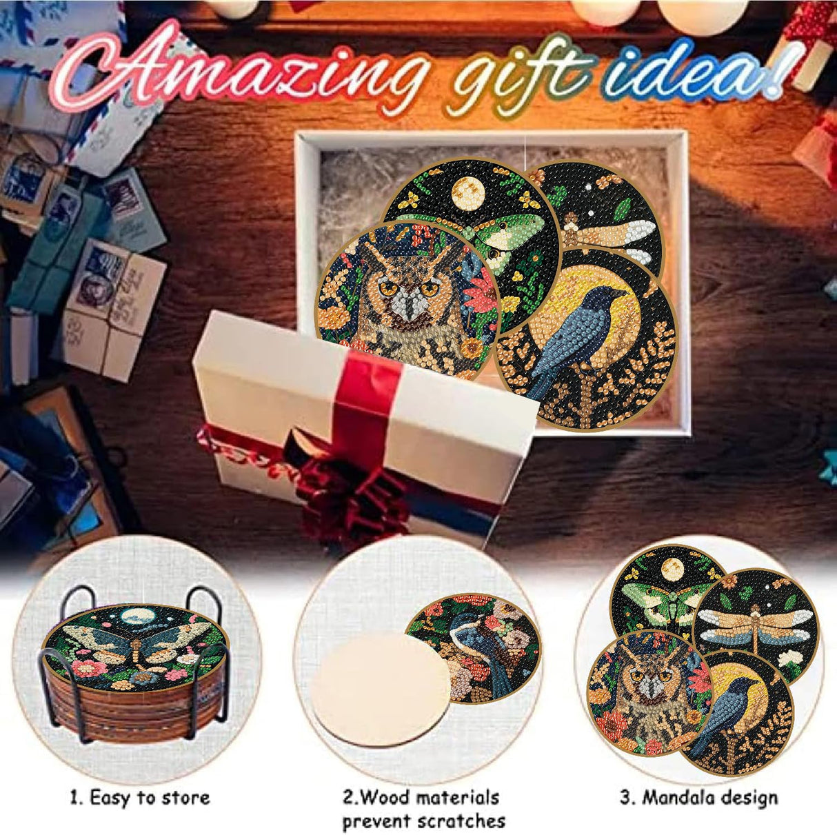 8 Pcs Insect Diamond Art Painting Coasters Kits,Moth Dragonfly Bee Coaster with Holder for Adults, Non-Slip DIY Dot Paint Craft Kits,5D Full Drill DIY Diamond Dot Gem Art Kit Home Decor Arts Craft NEGEKFKX