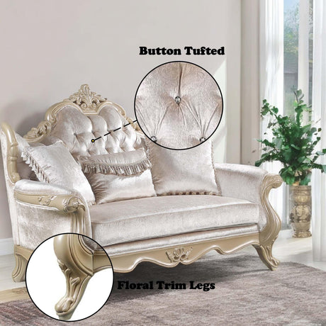 Acme Libertee Upholstered Loveseat with 3 Pillows in Beige and Champagne Acme