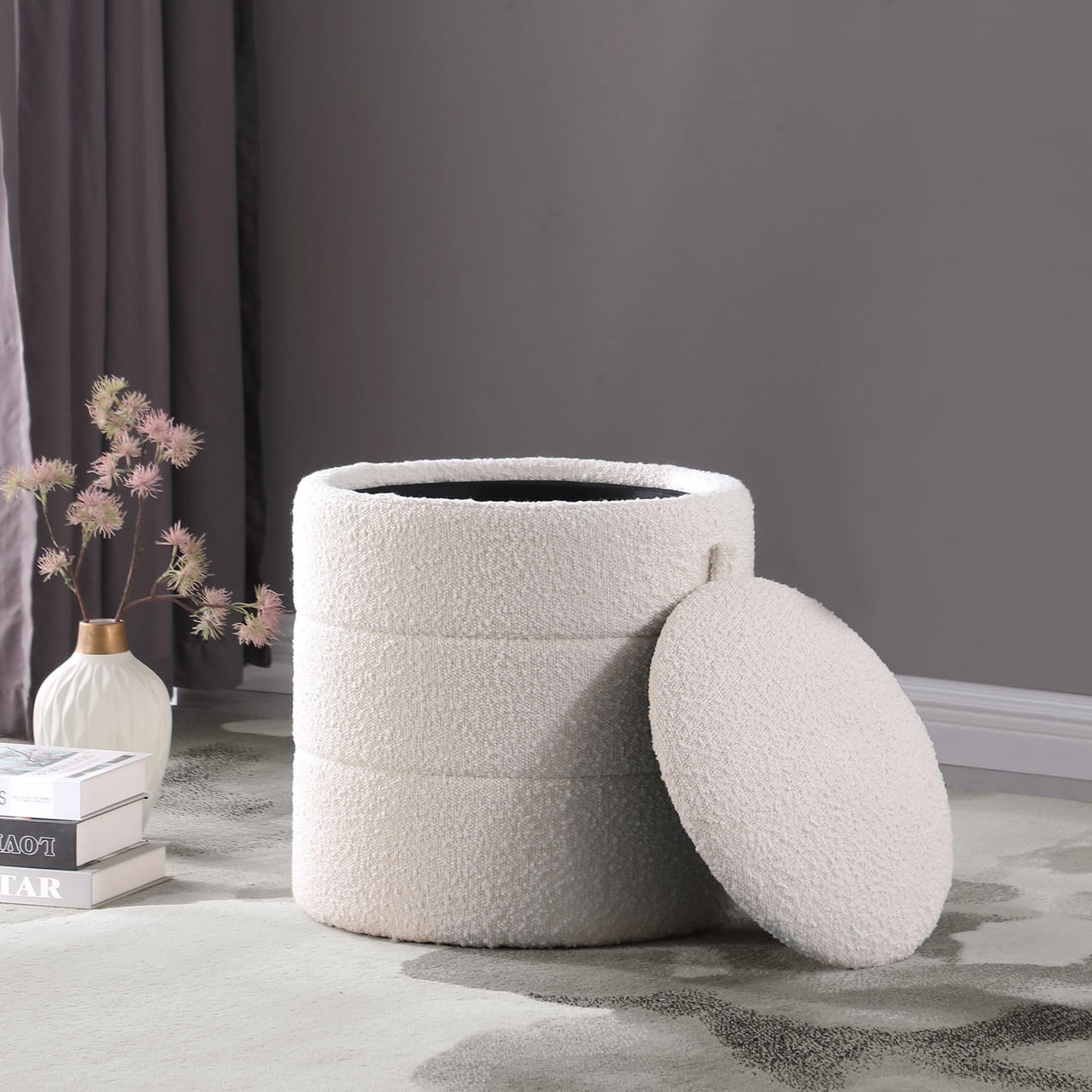 HomePop Storage Round Ottoman with Removable Lid Home Décor|Upholstered Round Foot Rest Ottoman - Cream Boucle HomePop