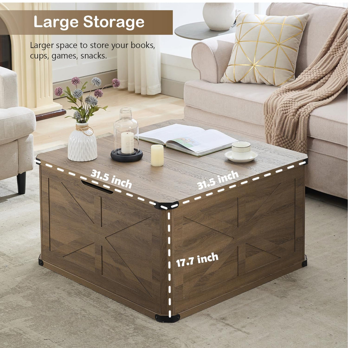 LINLUX Modern Farmhouse Coffee Table with Storage, Large Square Storage Coffee Tables, Rustic Wood Center Table with Flip-Top, Metal Corners, Brown LINLUX