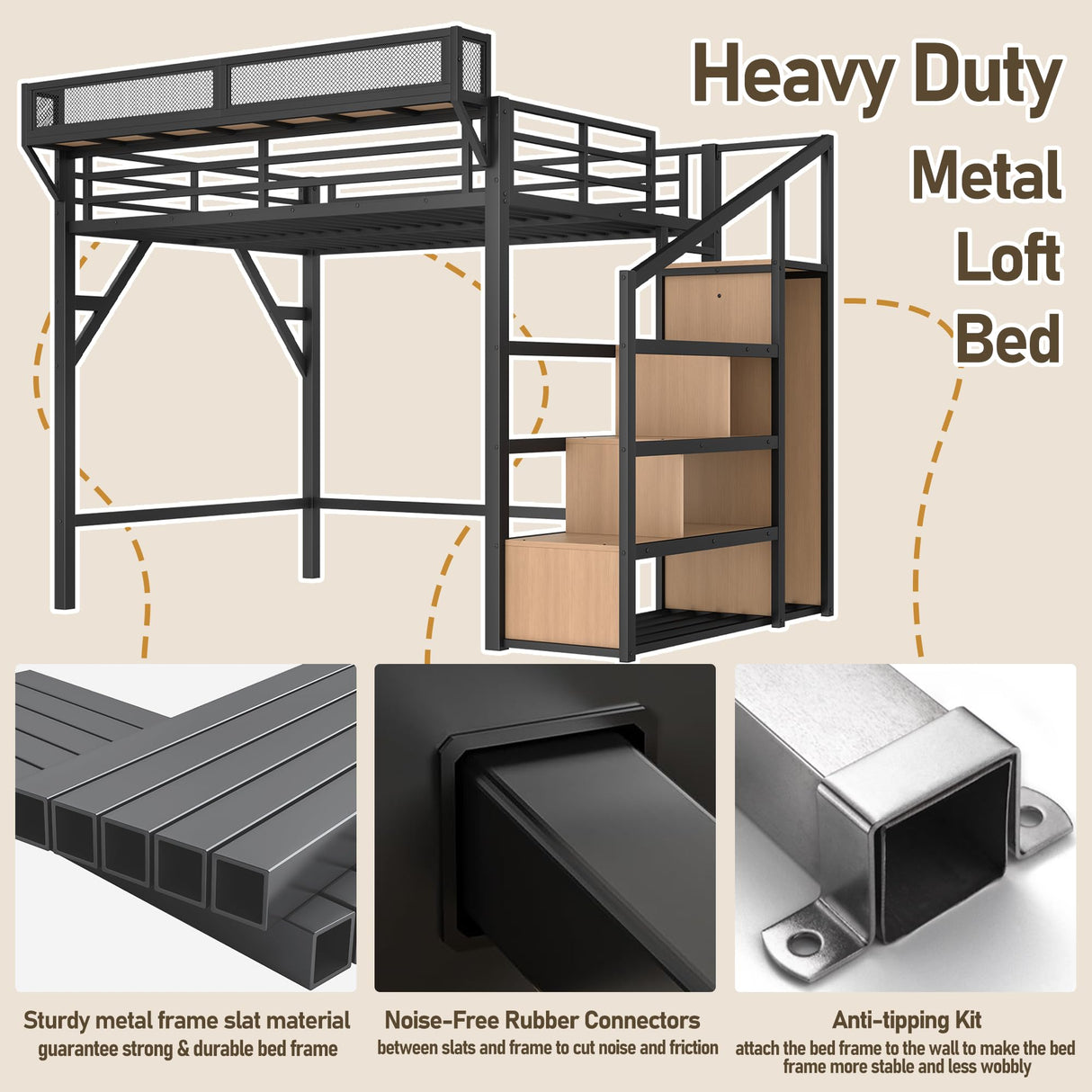 Bellemave Loft Bed Full Size with Storage Stairs, Beside Shelf & Wardrobe, Metal Full Size Loft Bed with USB Ports & LED Light, Large Under-Bed Space Loft Beds for Adults, Teens, Kids, Black Natural Bellemave