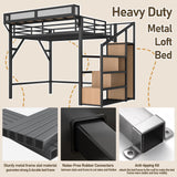 Bellemave Loft Bed Full Size with Storage Stairs, Beside Shelf & Wardrobe, Metal Full Size Loft Bed with USB Ports & LED Light, Large Under-Bed Space Loft Beds for Adults, Teens, Kids, Black Natural Bellemave