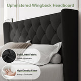 Feonase Full Size Bed Frame with Upholstered Wingback Headboard,Button Tufted Platform Bed and Heavy Duty Wooden Slats Support,Easy Assembly, Noise-Free,No Box Spring Needed, Black Feonase