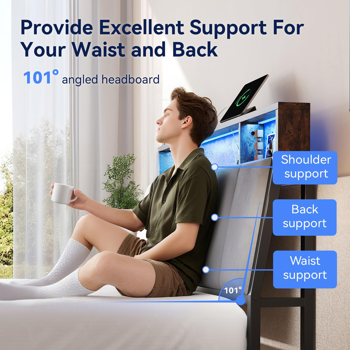 Queen Size Bed Frame with Ergonomic Storage Headboard, Solid Metal Platform Bed Frame with Charging Station and LED Light, Easy Assembly, No Box Spring Needed, Noise Free, Modern Grey Susalt