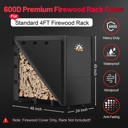 Zettum Firewood Rack Cover 4 Feet - 600D Wood Rack Cover Waterproof & Heavy Duty, 4 Foot Outdoor Log Pile Holder Covers Storage for 4FT Standard Fire Wood Rack Stands (48 x 24 x 49 Inch) - WoodArtSupply