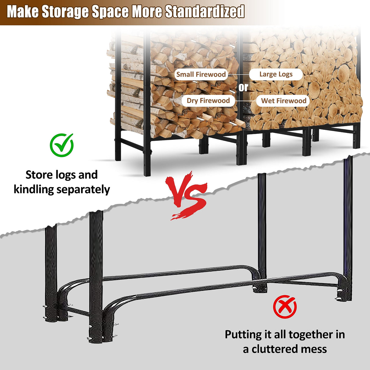 KYATE 4ft Firewood Rack Outdoor with Cover Fireplace Wood Storage Heavy Logs Stand Stacker Holder Strong Lumber Racks Outside for Courtyard Patio KYATE