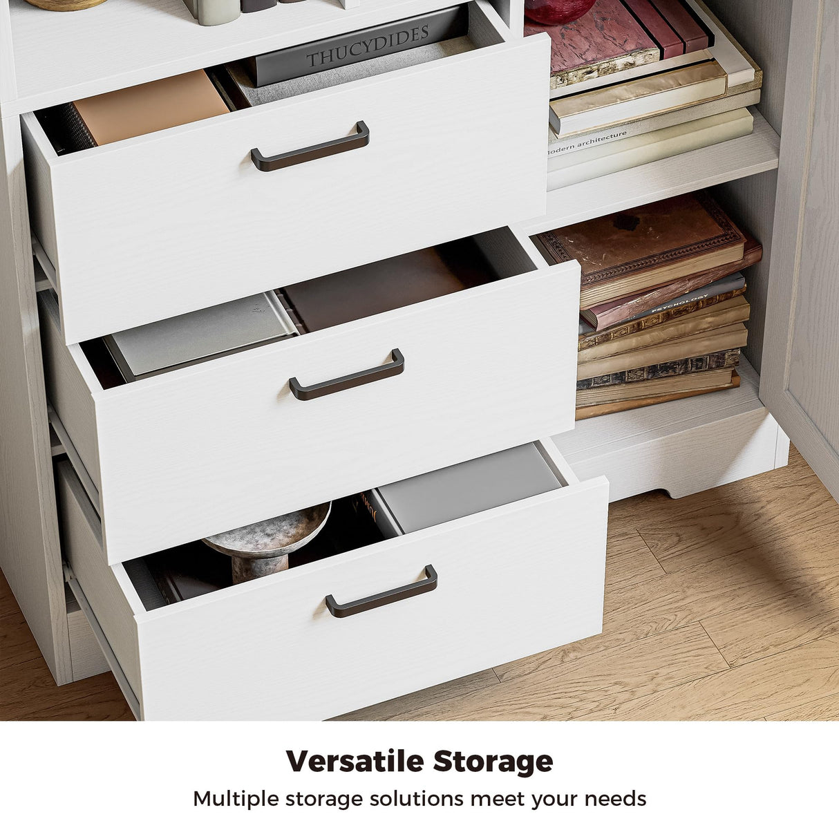 IRONCK Bookshelf with Drawers, 70.9 inch Tall Bookcase with Doors, Bookshelves and Bookcases with Storage, Bookshelf with 6 Open Cubes for Home Office, Living Room, Study, White IRONCK