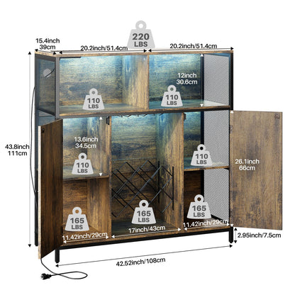 Redlife Wine Bar Cabinet with Power Outlets, Liquor Cabinet with LED Lights and Glass Holder, Industrial Storage Buffet Cabinet Coffee Bar Cabinet, Liquor Cabinet Bar Home, Bar Cabinet with Lights