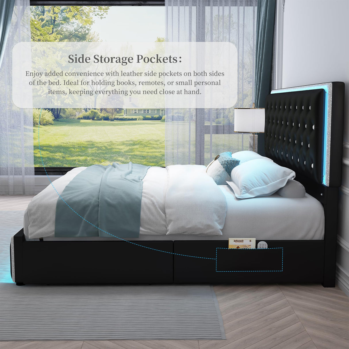 SIBEDS Queen LED Bed Frame with 2 Drawers, Storage Platform Beds with Upholstered Crystal Button Tufted Headboard Footboard, 2 Side Pockets, No Box Spring Needed, PU Black SIBEDS