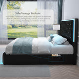 SIBEDS Queen LED Bed Frame with 2 Drawers, Storage Platform Beds with Upholstered Crystal Button Tufted Headboard Footboard, 2 Side Pockets, No Box Spring Needed, PU Black SIBEDS
