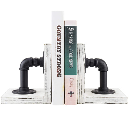 MyGift Rustic Whitewashed L Shaped Decorative Bookends with Realistic Metal Pipe Sculpture, Office Desktop Book Stand, Home and Office Shelf Decor, 1-Pair