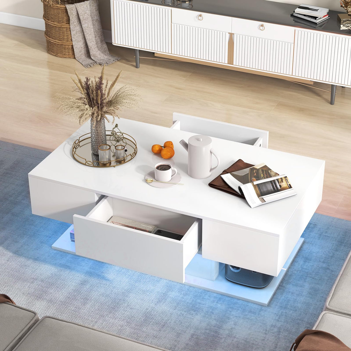 Giantex Modern LED Coffee Table - 2-Tier Center Table w/ 2 Storage Drawers, Adjustable Brightness & Speed, 20-Color Light, 43.5''L Rectangular High-Gloss Finished Table for Living Room (White) Giantex