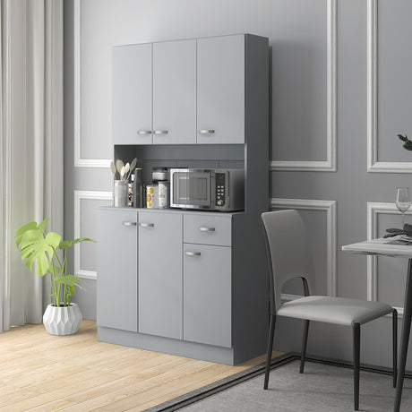 HOMCOM 71" Freestanding Buffet with Hutch, Kitchen Storage Cabinets, Pantry with 6 Doors, 3 Adjustable Shelves, and Drawer for Living Room, Gray HOMCOM