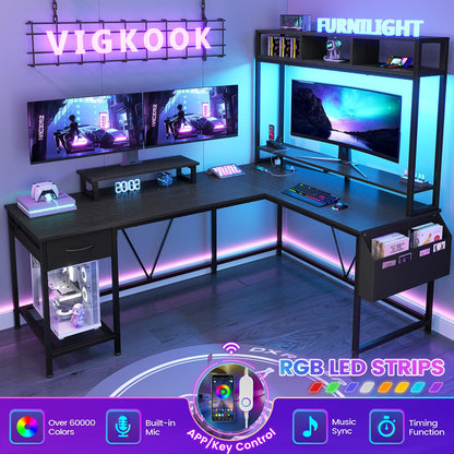 VIGKOOK L Shaped Gaming Desk with Shelves, Reversible 66.9" Corner Computer Desk with Power Outlet and Led Strip, Home Office Desks with Drawer Mobile Monitor Stand Storage Bag (Black) - WoodArtSupply