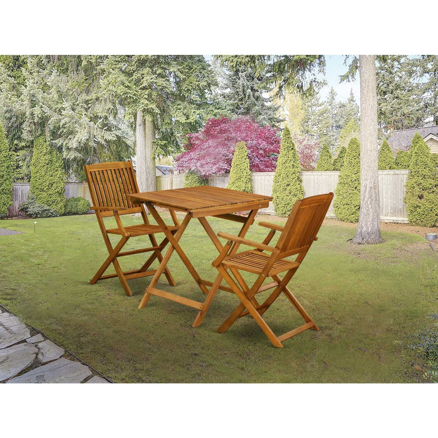 East West Furniture Selma 3 Piece Patio Bistro Set Contains a Square Outdoor Acacia Wood Coffee Table and 2 Folding Arm Chairs, 26x26 Inch, Natural Oil - WoodArtSupply