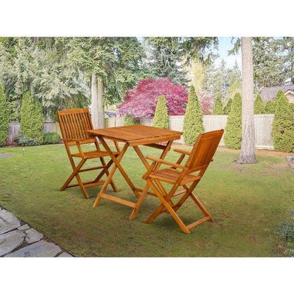 East West Furniture Selma 3 Piece Patio Bistro Set Contains a Square Outdoor Acacia Wood Coffee Table and 2 Folding Arm Chairs, 26x26 Inch, Natural Oil - WoodArtSupply