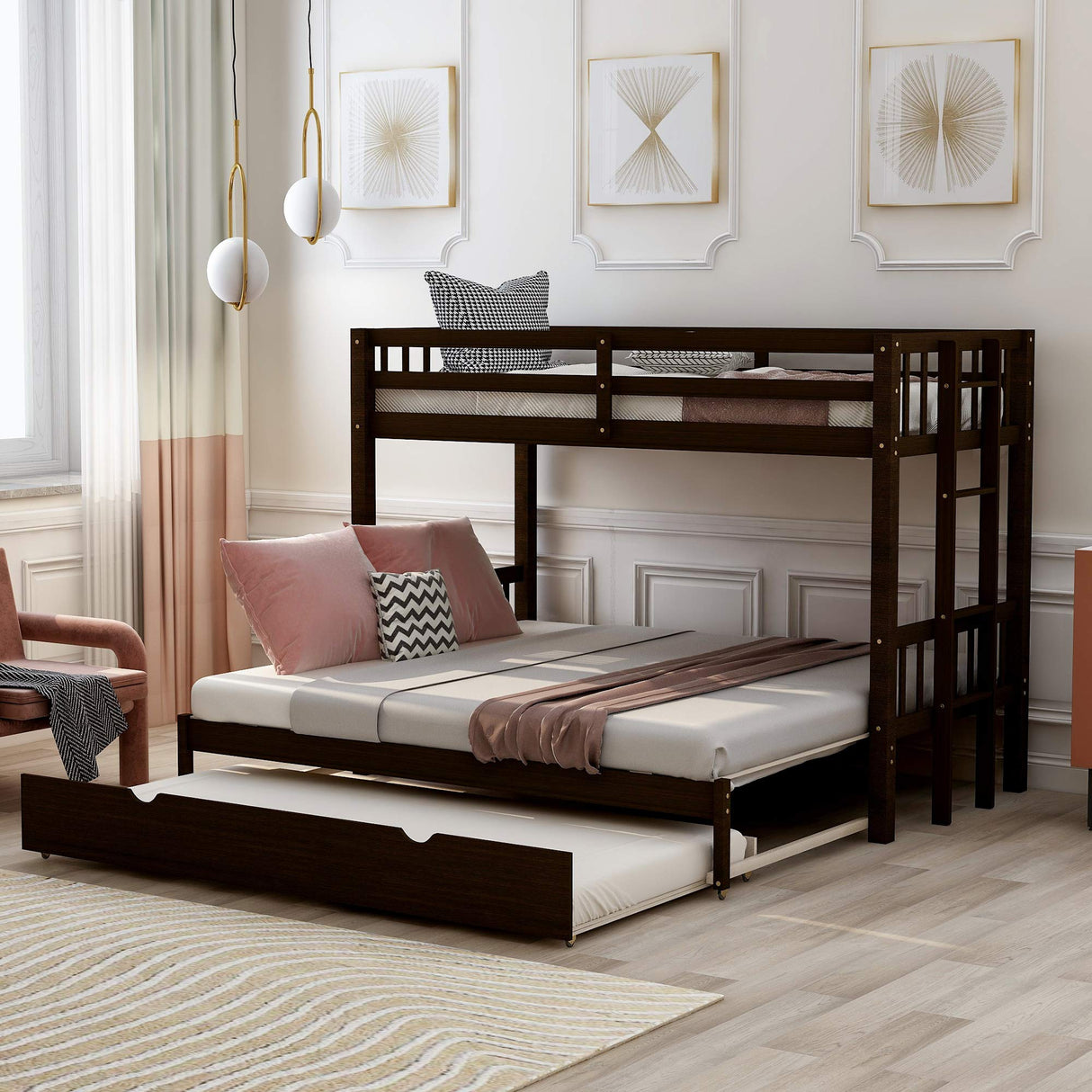 Flieks Twin Over Twin/King Bunk Beds with Trundle, Twin Over Pull-Out bunk Bed Accommodate 4 People for Kids, Adult, No Box Spring Needed Flieks