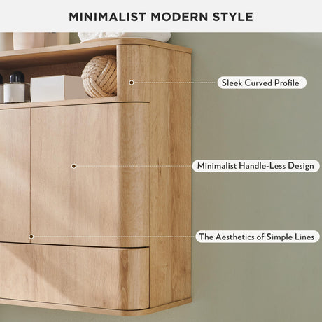 ACCOHOHO Modern Minimalist Bathroom Medicine Cabinet with Adjustable Shelf, Sliding Drawer and Magnetic Push Latch, Above Toilet Wall Mounted Hanging Storage Cabinet, Natural Oak ACCOHOHO