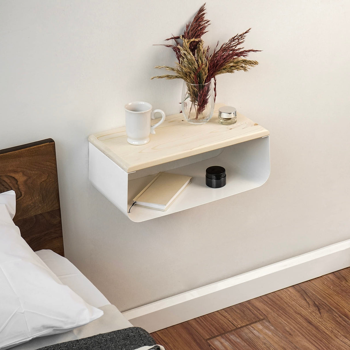 Floating Nightstand with Spruce Top | Modern Bedroom Decor | Minimalist Wall-Mounted Bedside Nightstand| Wall Mounted Shelf | Cloudy Oasis: Serene White Ultimate Premium Products