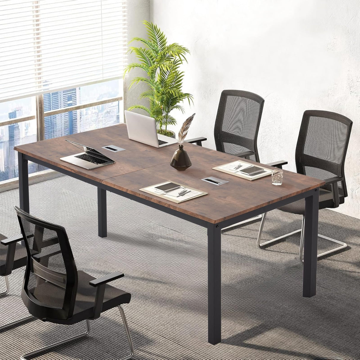 ECOTOUGE 6.5FT Conference Table, 78.7 inch Rectangle Meeting Seminar Table for 6-8 People, Modern Industrial Computer Desk with Spacious Desktop Business Tables for Home Office(Only Table) (Brown) ECOTOUGE