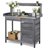 Topeakmart Garden Potting Bench Wooden Workstation Outdoor Wooden Potting Table W/Top Shelf & Lower Shelf & Cabinet Drawer & Open Shelf Gray Topeakmart
