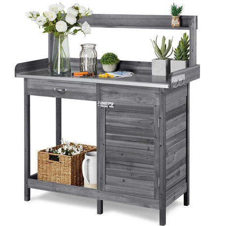 Topeakmart Garden Potting Bench Wooden Workstation Outdoor Wooden Potting Table W/Top Shelf & Lower Shelf & Cabinet Drawer & Open Shelf Gray Topeakmart