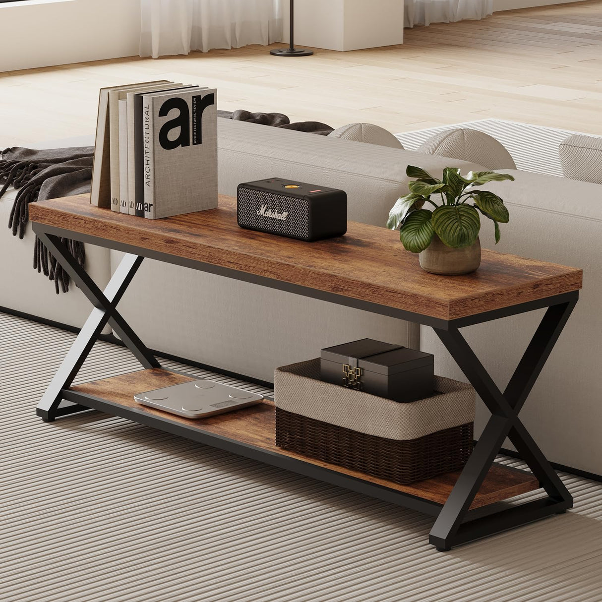 IBF Farmhouse Wood Bench, Industrial Storage Entryway Indoor Bench for Bedroom Hallway Living Room, Rustic Wooden Metal Shoe Rack Accent Foyer Bench Seat for Entrance Sitting, Rustic Brown, 47 in Long IBF