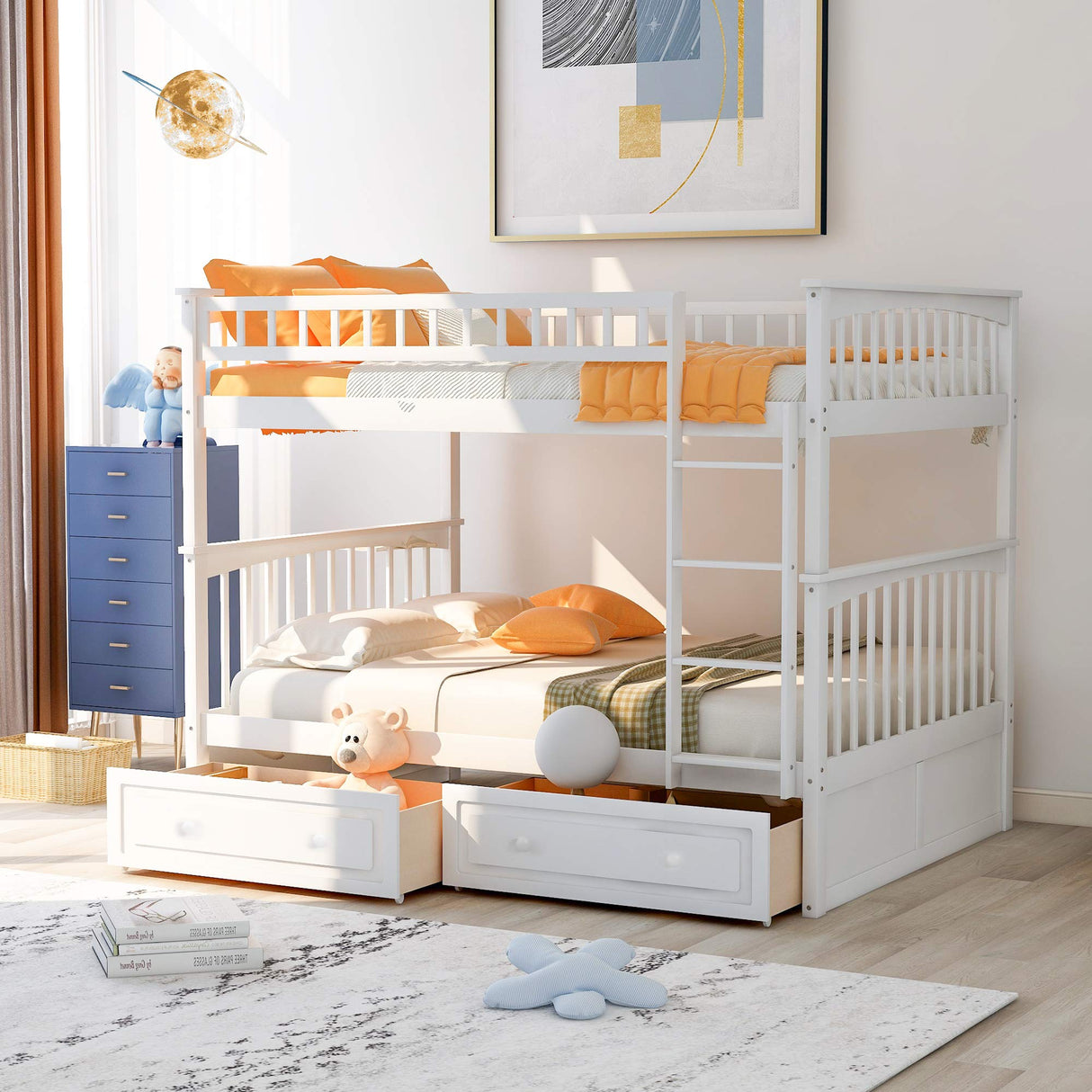 Harper & Bright Designs Full Over Full Wood Bunk Bed with Two Storage Drawers and Ladder, Convertible Storage Bunk Bed Can Be Divided Into Two Full Size Daybeds (White) Harper & Bright Designs