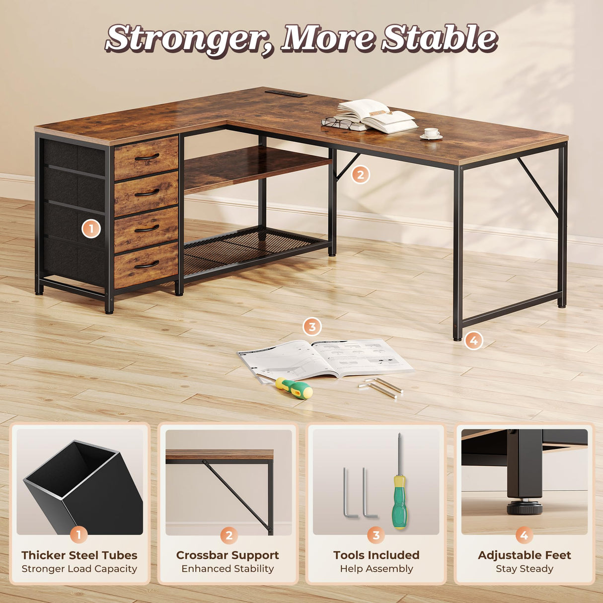 PRAISUN 53" L Shaped Desk with Power Outlets and USB-C Port, Reversible Computer Corner Office Desk with 4 Fabric Drawers and 2 Height-Adjustable Shelves, Large for Gaming Writing Study, Rustic Brown PRAISUN