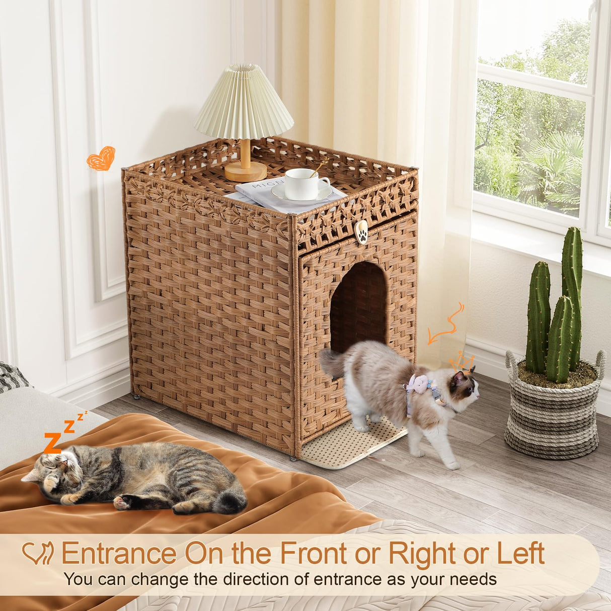 Snughome Cat Litter Box Enclosure Furniture Hidden with Cat Litter Mat, Hidden Cat Washroom Furniture with Door, Handwoven Rattan Cat Washroom Box, Indoor Pet House for Living Room, Bedroom(Natural) Snughome