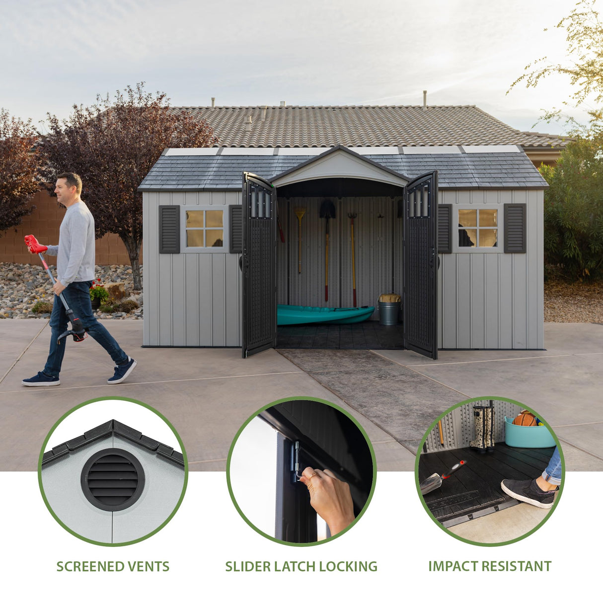 Lifetime Outdoor Storage Shed, 15x8 Ft, Gray, Resin Backyard Tool Shed with Lockable Doors and Weather-Resistant Panels Lifetime