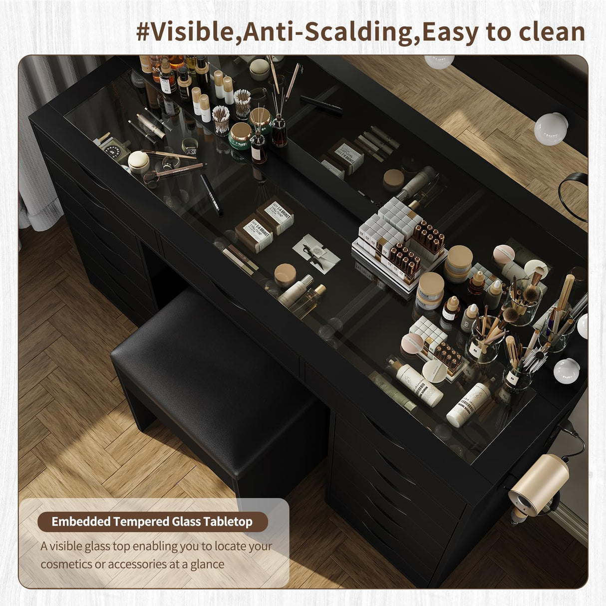 Yanosaku 15 Drawers Vanity Desk with Power Outlet, Makeup Table with Mirror and 13 LED Lights, 3 Color Lighting Modes, Brightness Adjustable, Glass Top Dressing Table, Vanity Set for Bedroom (Black) Yanosaku