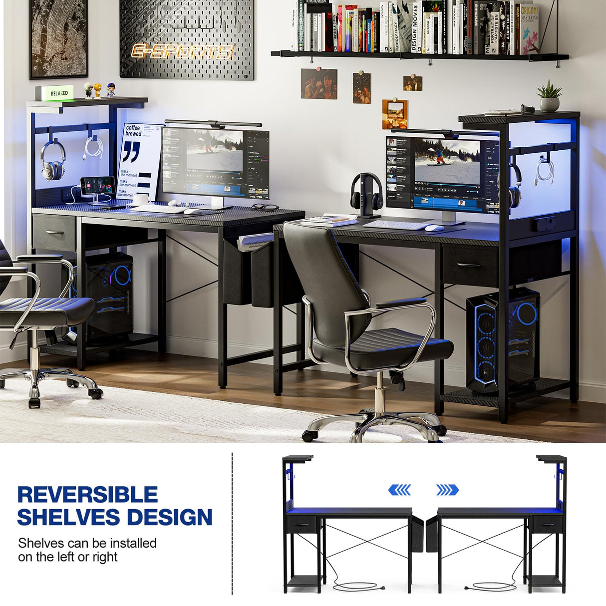 Grandder Gaming Desk 40 Inch with Power Outlet and LED Light, Computer Desk with Reversible Shelves and Storage Drawer, Pc Small Desk for Home Office Table with Bag, Carbon Fiber Black Grandder