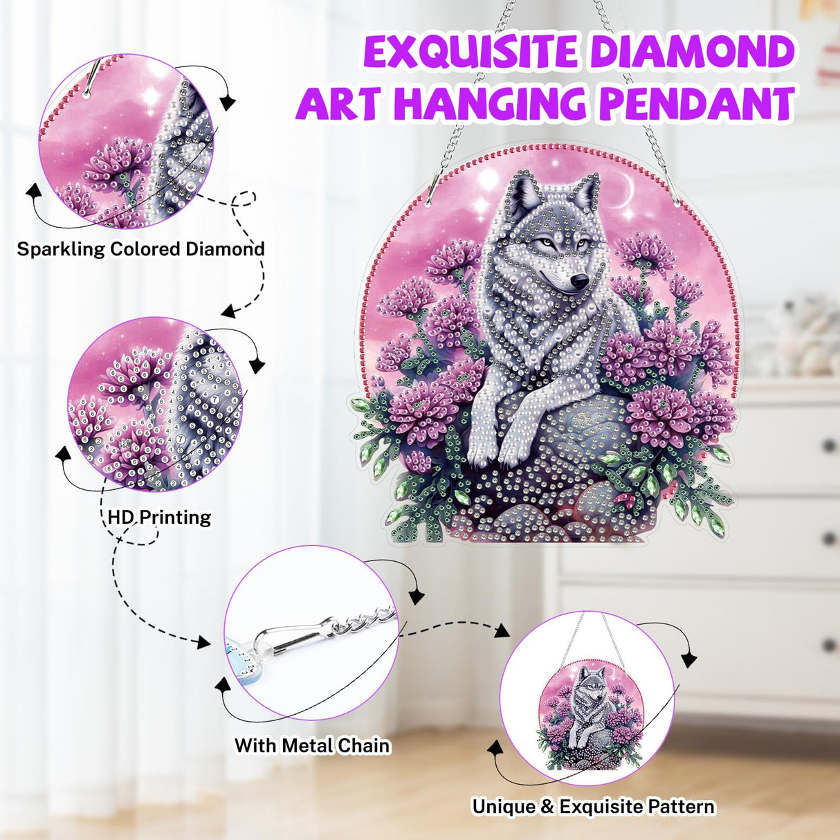 Bowetile Wolf Diamond Art Hanging Kits for Adults Kids, 5D Special Shape Diamond Painting Flowers Pendant Kits, Gem Art Suncatchers Painting Window Ornament for Home Garden Wall Decor Bowetile