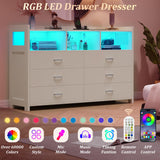 White Dresser for Bedroom with 6 Drawers, LED Dressers & Chests of Drawers with Power Strip, Modern Dressers Wide Storage for Bedroom Closet Whalefall