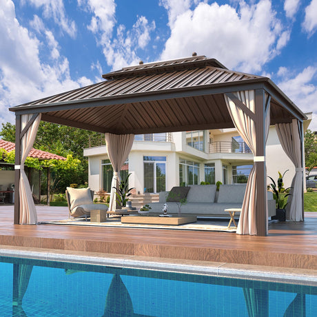 EROMMY 10'x13' Hardtop Gazebo, Galvanized Steel Outdoor Aluminum Canopy with Netting and Shaded Curtains, Double Roof Pergolas, Permanent Metal Pavilion for Patio, Backyard, Deck and Lawns, Brown EROMMY