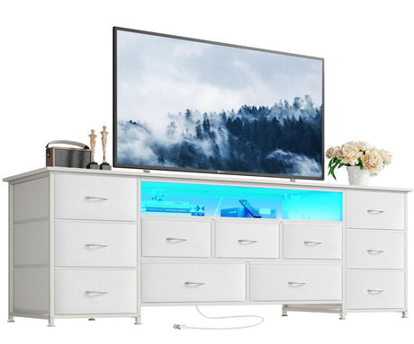 Huuger 63 Inch TV Stand for 65, 70 Inch TV, 11 Drawer Long Dresser with Power Outlets and LED Lights, Entertainment Center with Storage, White Dresser with PU Leather Surface Huuger