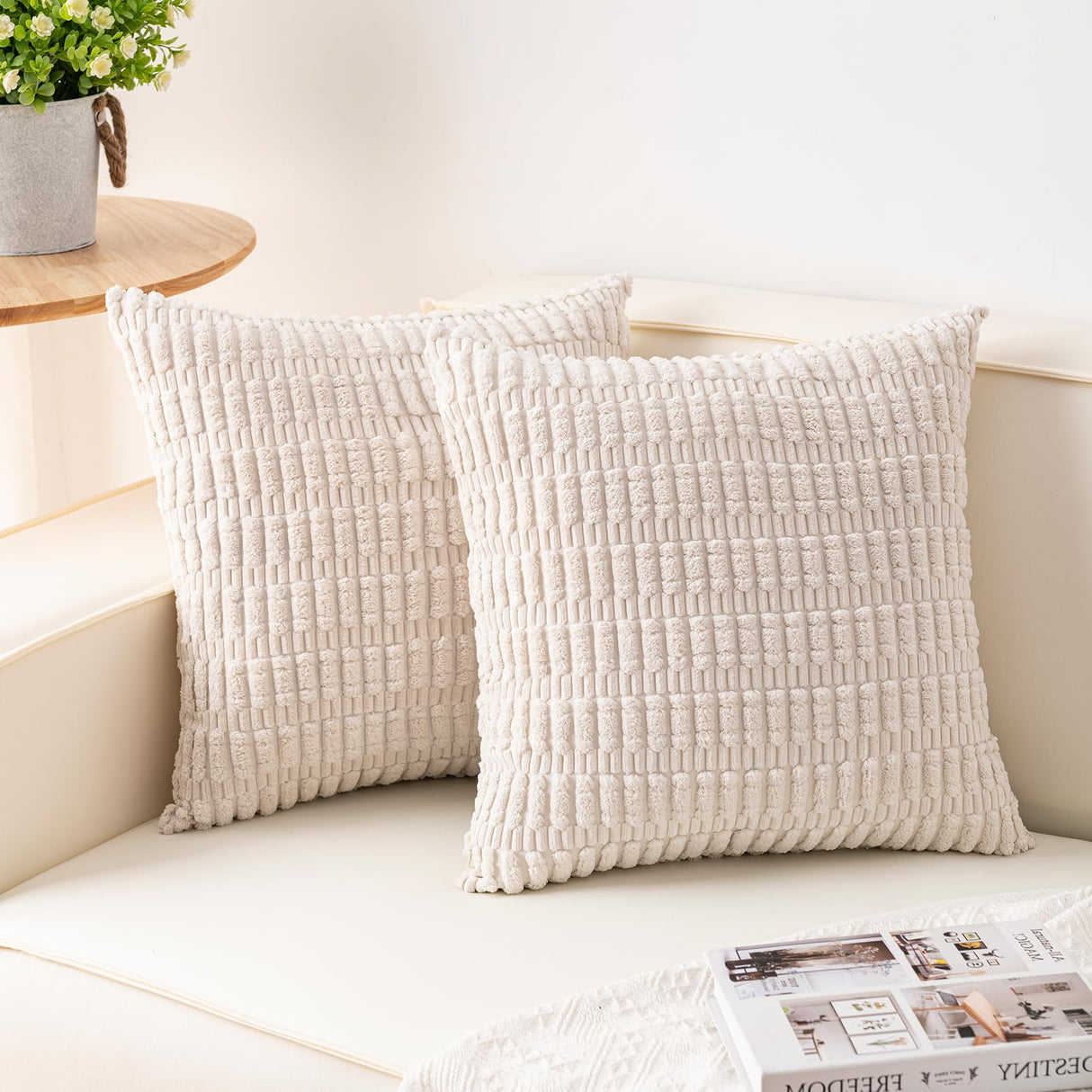 Aegero Pack of 2 Corduroy Decorative Throw Pillow Covers 18x18 Inch Soft Striped Pillow Covers Modern Farmhouse Home Decor for Sofa Living Room Couch Bed(Cream White) Aegero