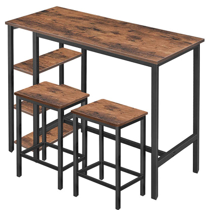 MUPATER Rustic Brown High Industrial Bar Dining Table Set with Storage Shelves and Stools