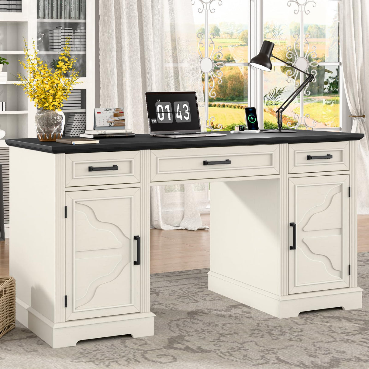 Vabches Executive Desk with Storage Drawers, Farmhouse Office Desk with Charging Station Wood Computer Desk with Ample Storage Cabinet, Rustic Home Wrting Desk with Drawers for Office, White Vabches