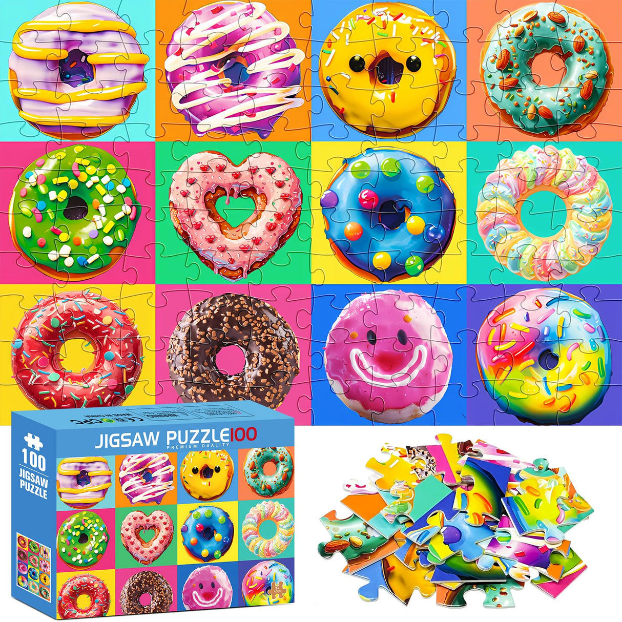100 Pieces Puzzles for Kids Ages 4-8 | Delicious Donuts Jigsaw Puzzles | Large 100 Piece Puzzle for Toddler Children | Sturdy,Safe | Engaging & Educational Toys Great Gift for Boys Girls,15x10in mjyphdm