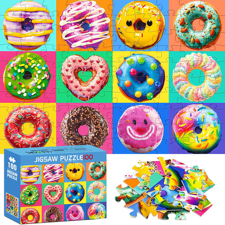 100 Pieces Puzzles for Kids Ages 4-8 | Delicious Donuts Jigsaw Puzzles | Large 100 Piece Puzzle for Toddler Children | Sturdy,Safe | Engaging & Educational Toys Great Gift for Boys Girls,15x10in mjyphdm