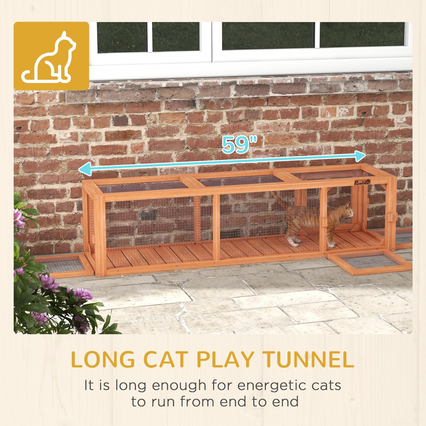 PawHut Outdoor Cat Tunnel with Extendable Design, 59" L Wooden Cat Run with Weather Protection, Connecting Inside and Outside, for Deck Patios, Balconies, Natural Wood - WoodArtSupply