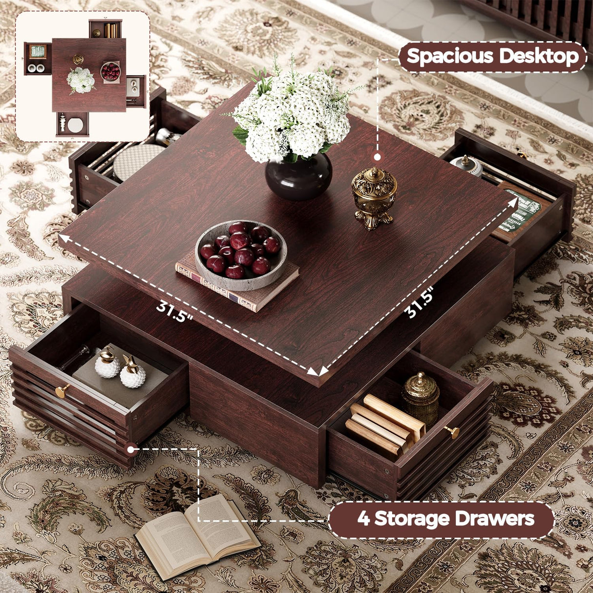 IRONCK Coffee Table with LED Light and Charging Station, 4 Storage Drawers with Grille Design, Square Coffee Table for Living Room Office Reception Room (Walnut) IRONCK