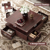 IRONCK Coffee Table with LED Light and Charging Station, 4 Storage Drawers with Grille Design, Square Coffee Table for Living Room Office Reception Room (Walnut) IRONCK