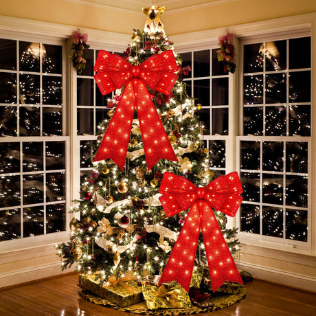 Liliful 2 Pcs 18 x 32 in LED Christmas Wreath Bows Extra Large Bows 72 LED Lights Wreath Huge Bow Door Wall Xmas Tree Top Decor for Indoor Outdoor Winter Xmas Party (Glitter) Liliful