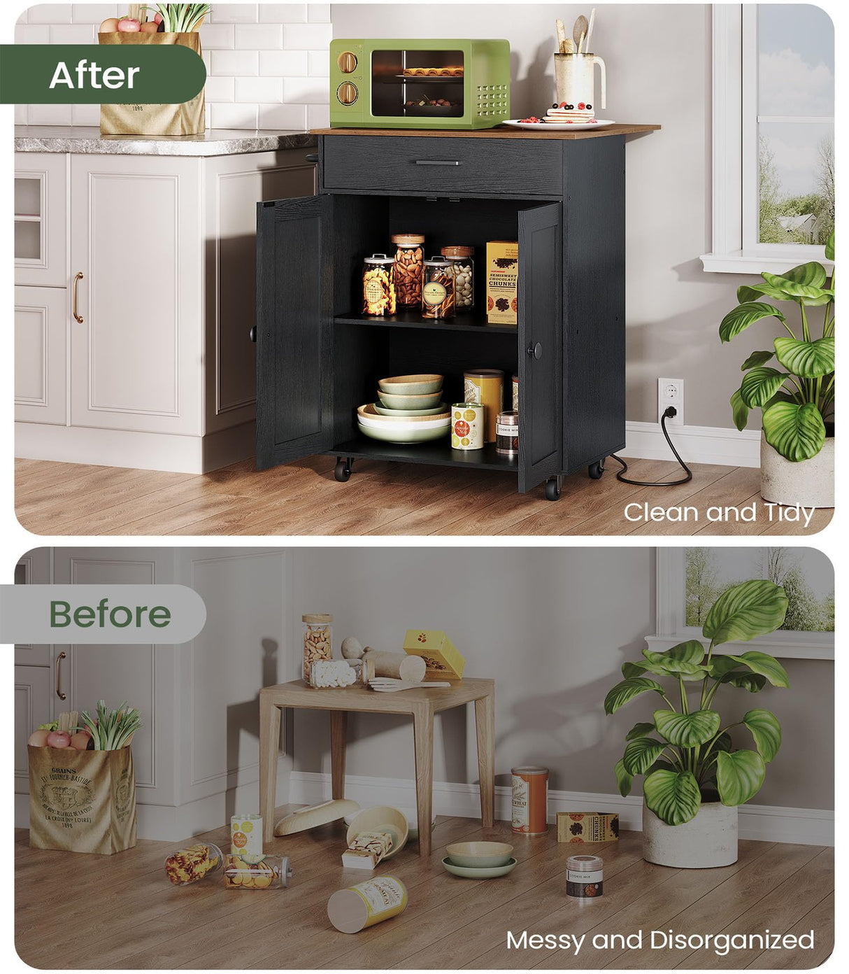 CHOEZON Kitchen Island Cart with Storage, Kitchen Island Table with Charging Station, Rolling Island Cart for Kitchen, 3 AC Outlets, Expandable Tabletop, Black and Rustic Brown MZD01UBFN1 CHOEZON