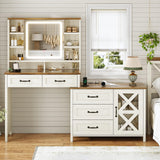 BTHFST Farmhouse Vanity with Glass Top & Charging Station, Vanity Desk with Touch Screen Mirror and Lights, Makeup Vanity with 5 Drawers & Shelves & Cabinet, Antique White BTHFST